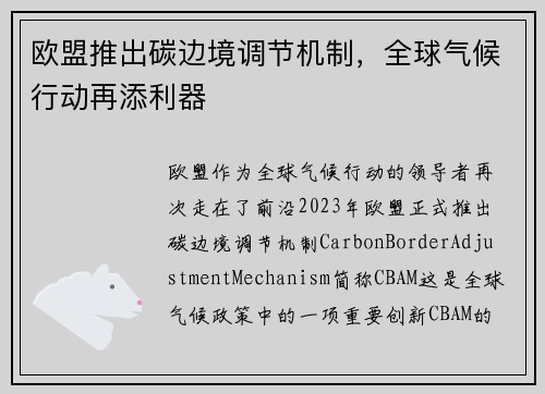 欧盟推出碳边境调节机制，全球气候行动再添利器